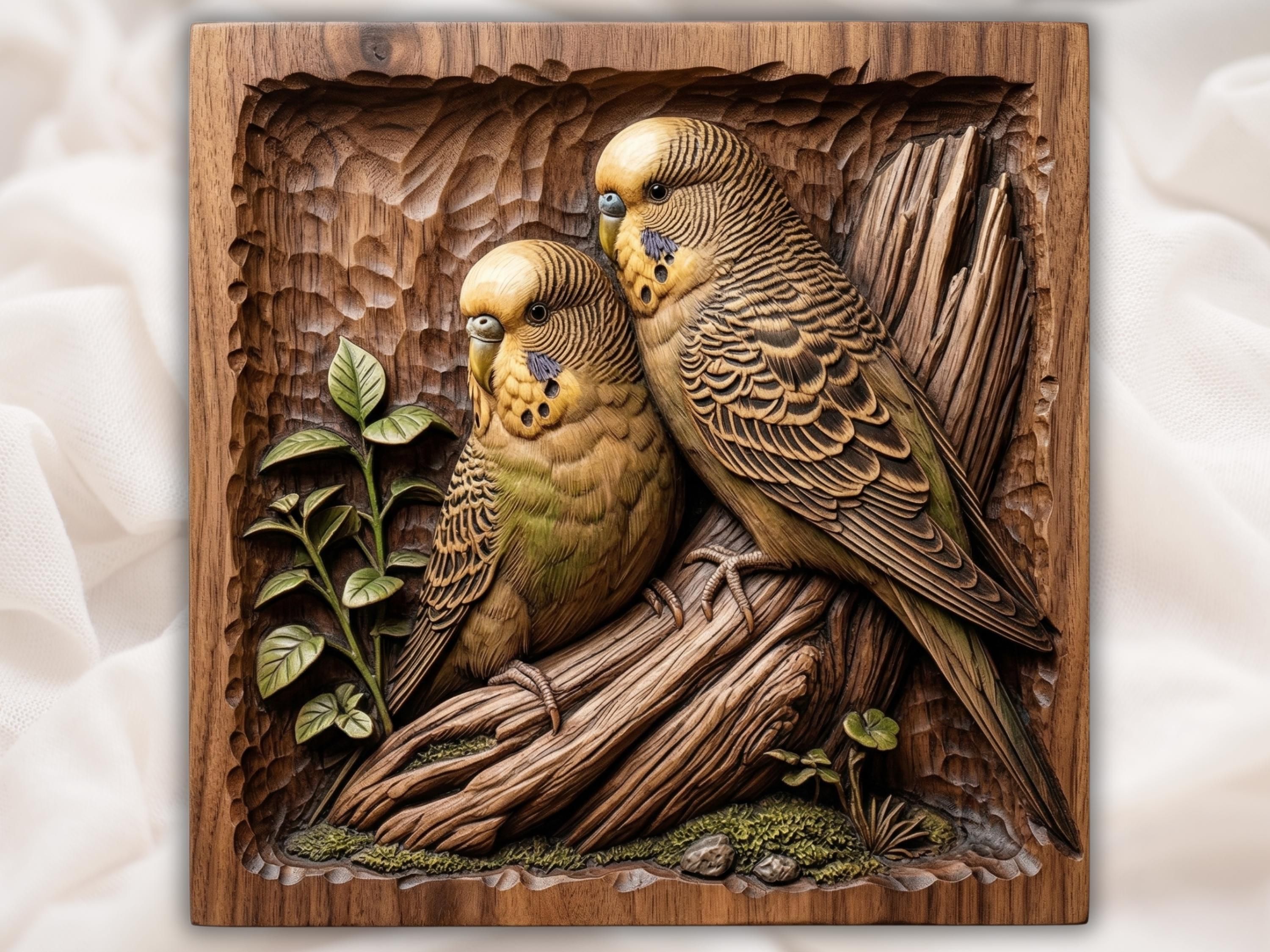 Bas-relief wood carving of two budgies perched close together on a textured branch with moss