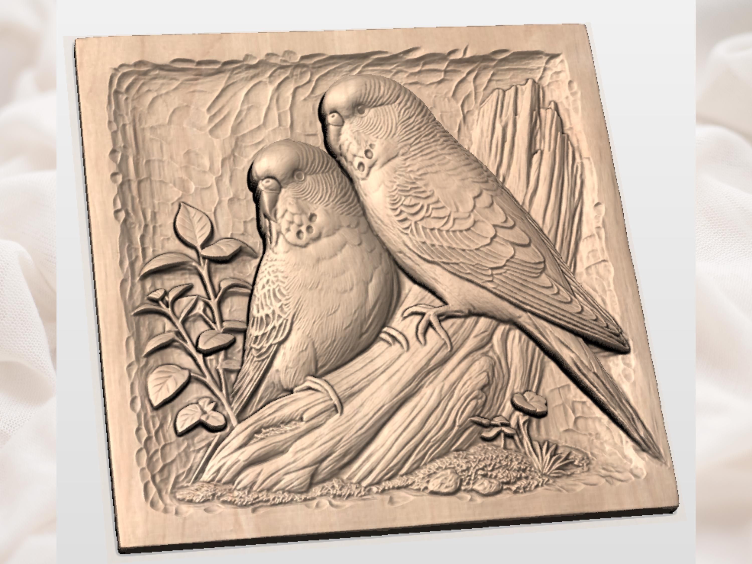 Two Budgies Perched Together Bas-Relief STL for CNC bas-relief STL — view 2