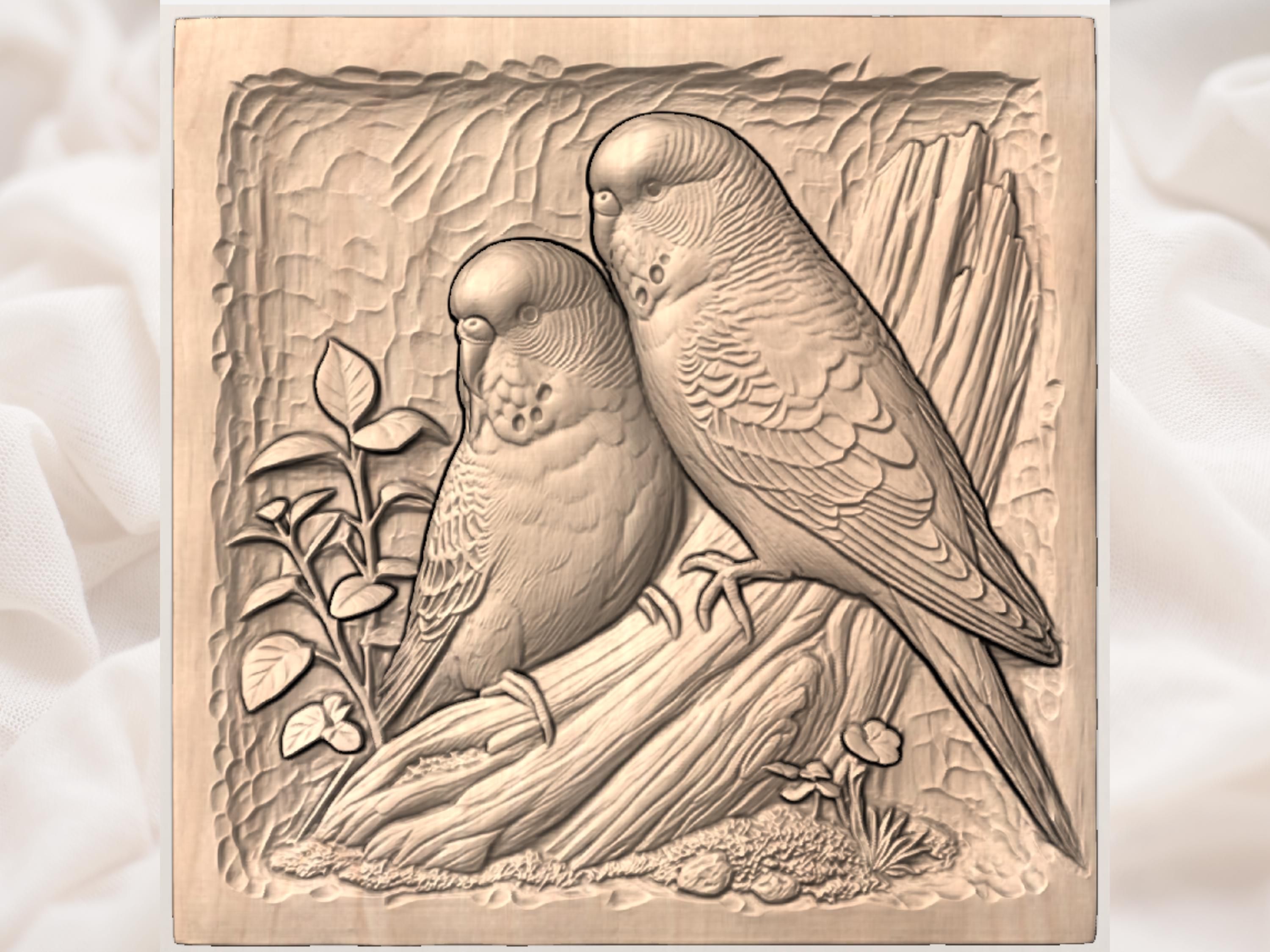 Two Budgies Perched Together Bas-Relief STL for CNC bas-relief STL — view 3