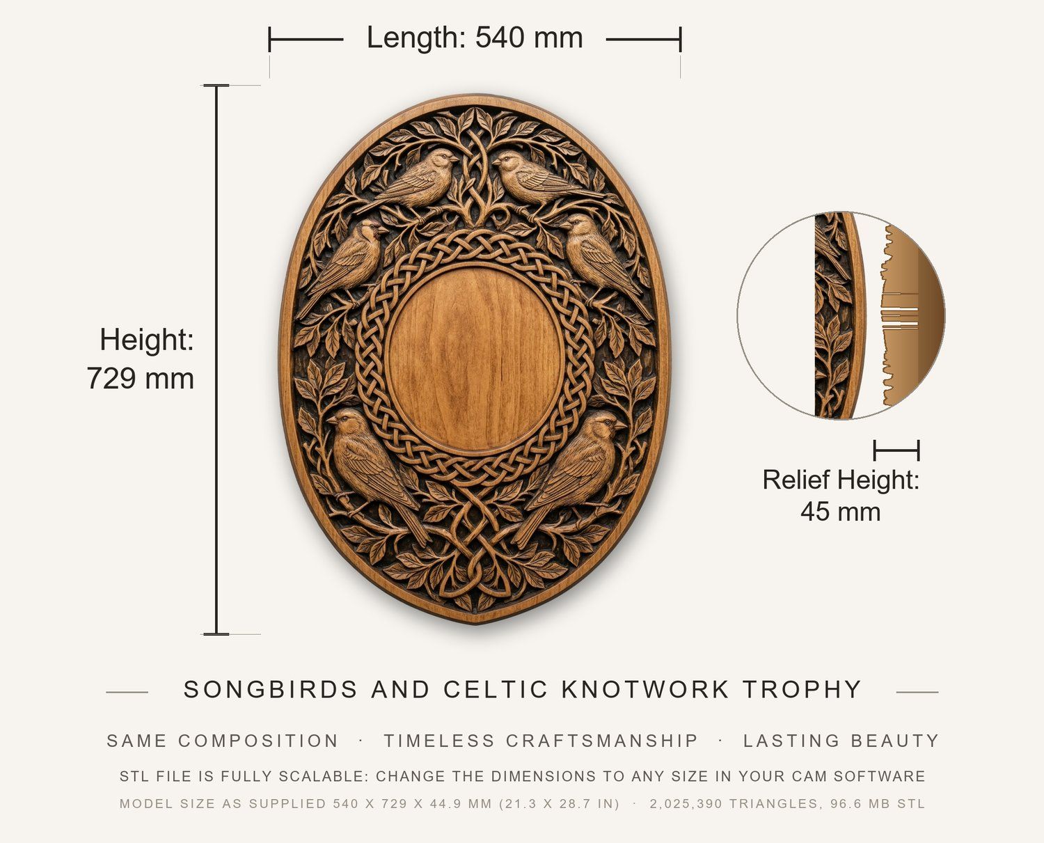 Songbirds and Celtic Knotwork Trophy Shield CNC Relief STL bas-relief STL — view 12