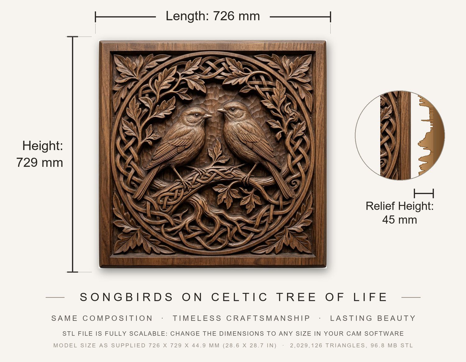 Songbirds on Celtic Tree of Life CNC Relief STL bas-relief STL — view 3