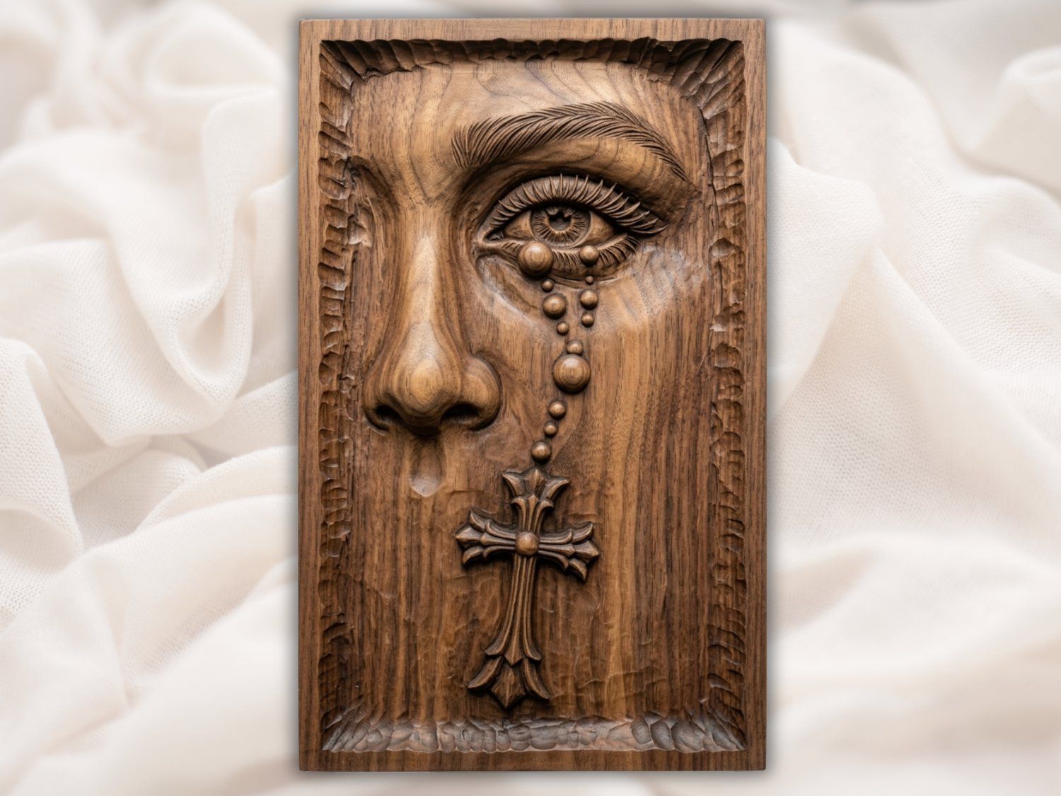 Sorrowful Mary Sacred Eye Rosary Cross CNC Relief STL | Christian Religious Wood Carving Design | Catholic Faith Wall Art Panel — carved bas relief STL file for CNC