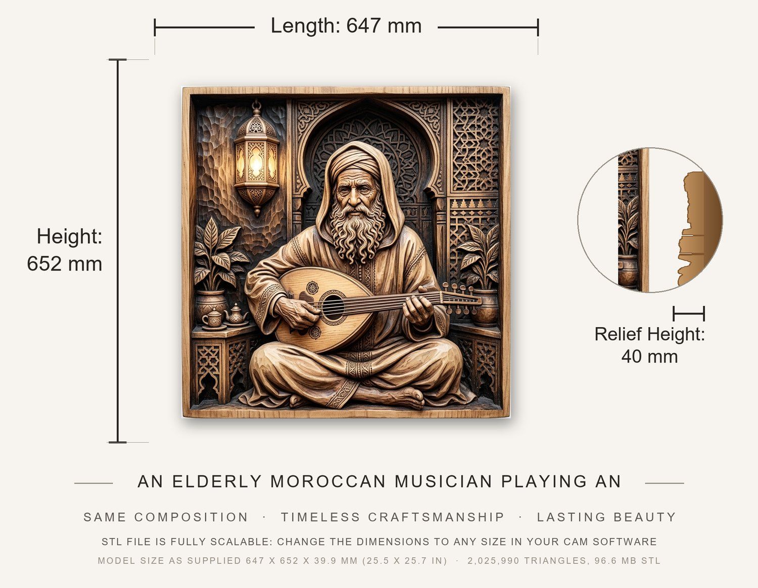 Soulful Musician playing Oud Lute Scene CNC Relief STL bas-relief STL — view 3