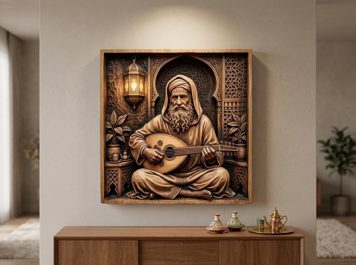 Soulful Musician playing Oud Lute Scene CNC Relief STL bas-relief STL — view 12