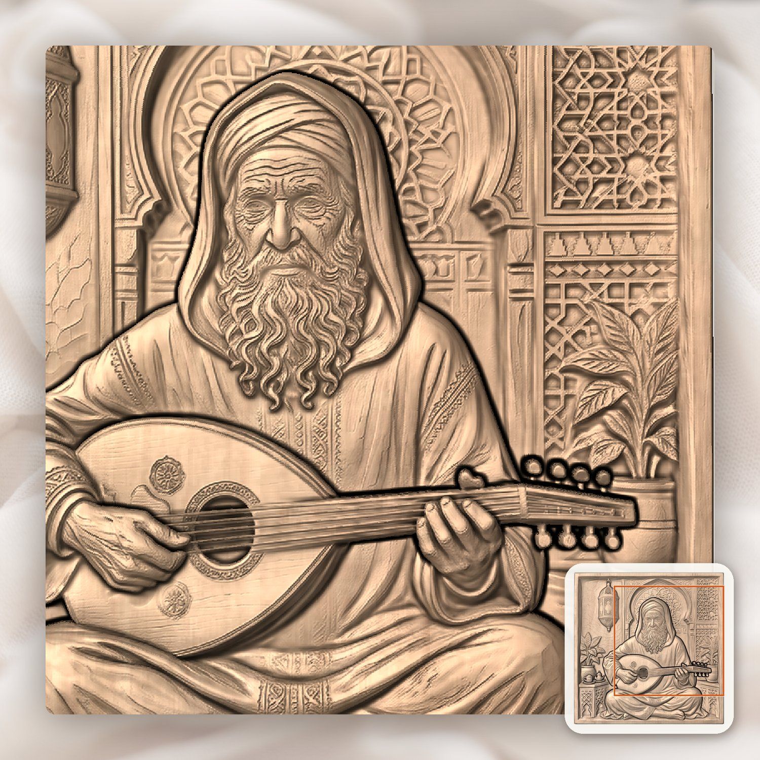 Soulful Musician playing Oud Lute Scene CNC Relief STL bas-relief STL — view 7