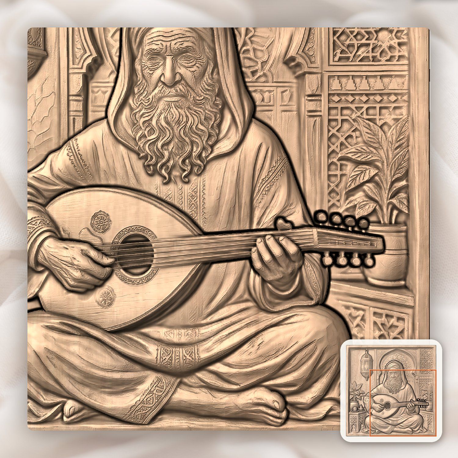 Soulful Musician playing Oud Lute Scene CNC Relief STL bas-relief STL — view 9