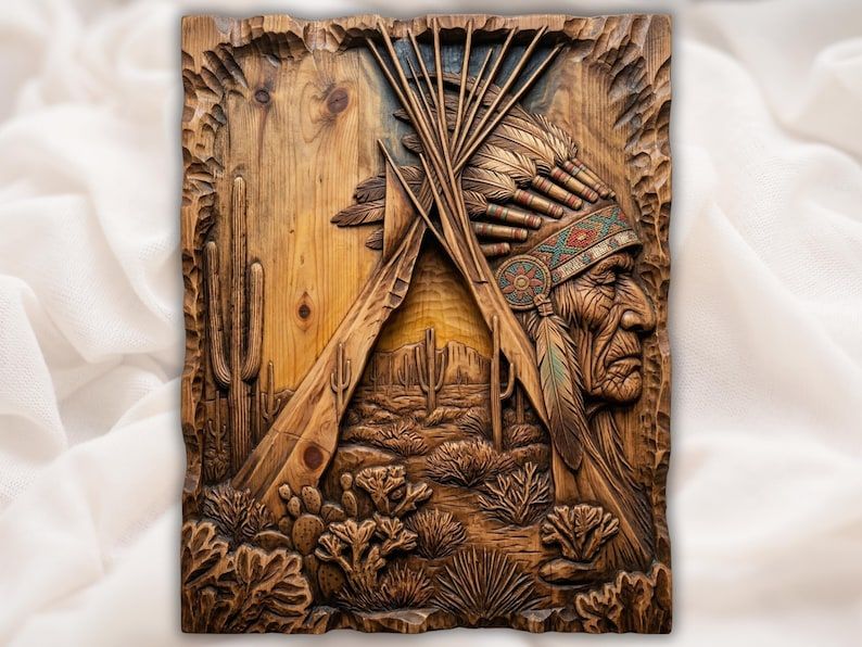 Carved wood relief of a Native American elder in feathered headdress beside a teepee and desert cactus scene