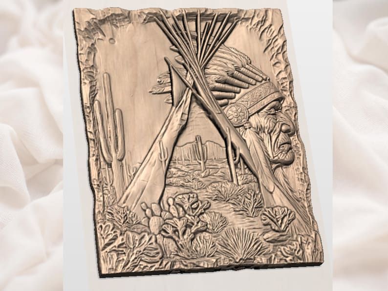 Desert Elder and Teepee Bas-Relief STL with Cactus Landscape bas-relief STL — view 2