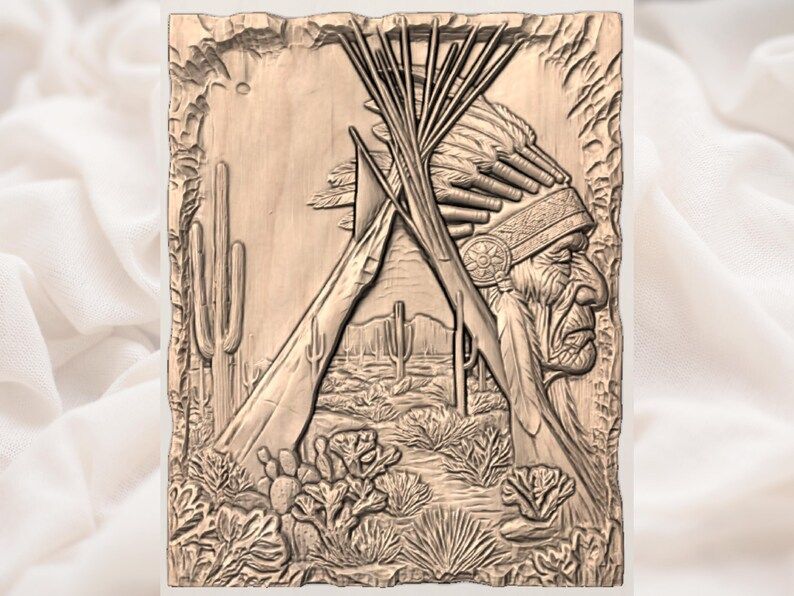 Desert Elder and Teepee Bas-Relief STL with Cactus Landscape bas-relief STL — view 3