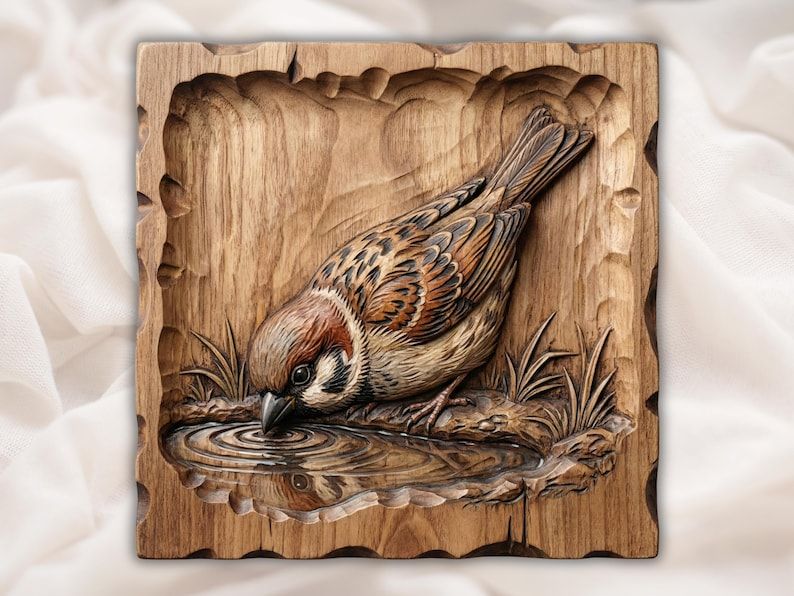 Carved wood bas-relief of a sparrow drinking from a rippling puddle with grass and a log