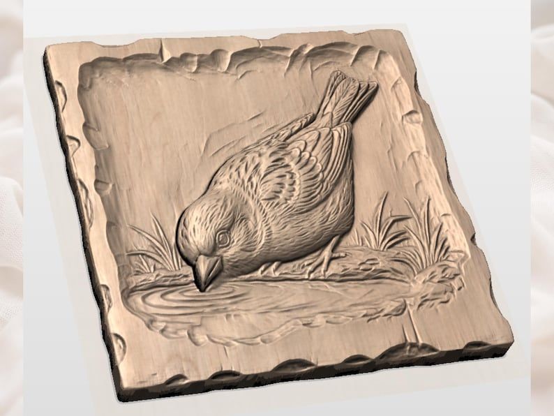 Sparrow Drinking at a Puddle Bas-Relief STL Carving bas-relief STL — view 2