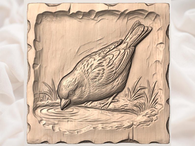 Sparrow Drinking at a Puddle Bas-Relief STL Carving bas-relief STL — view 3