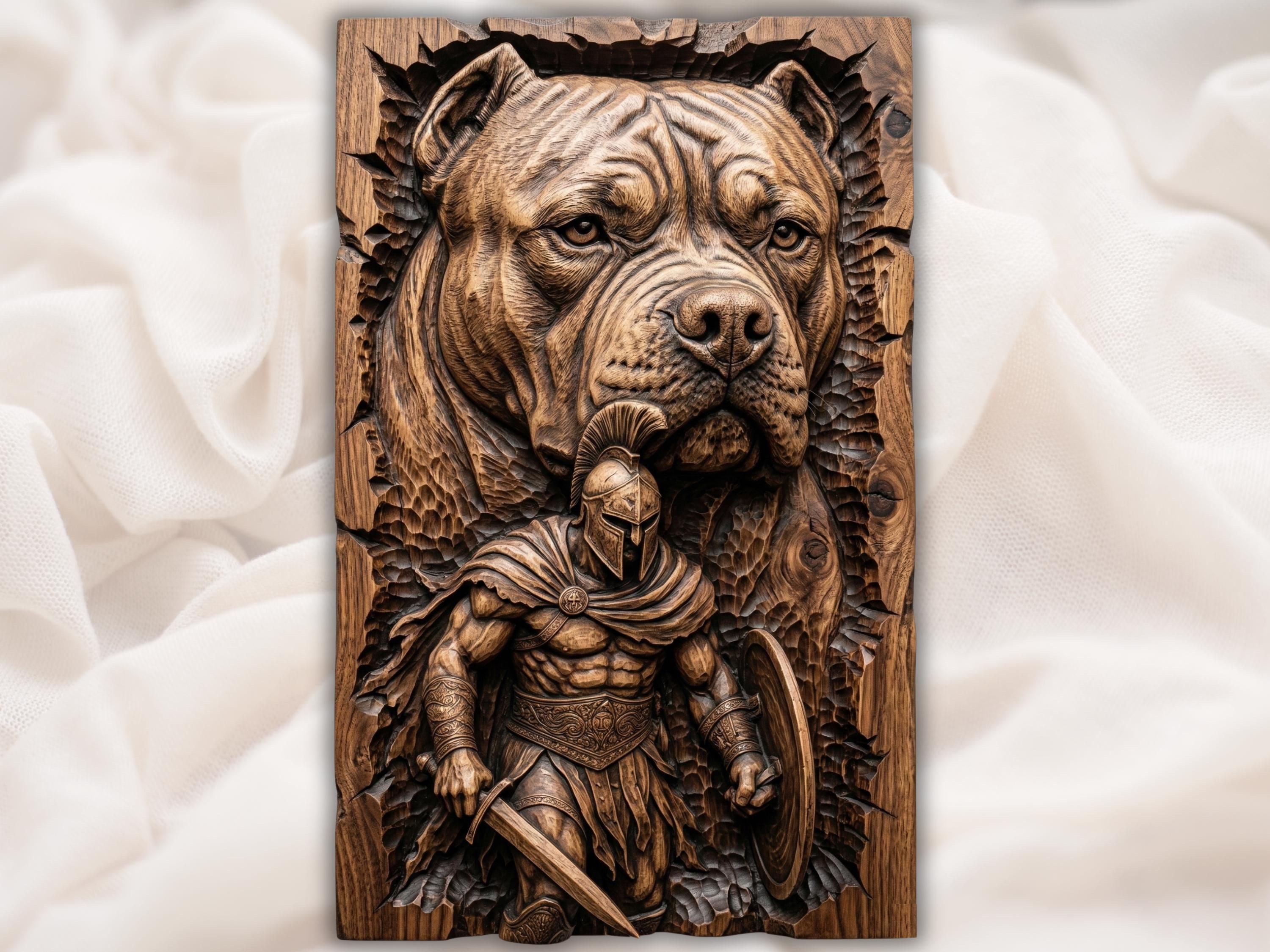 Carved wood bas-relief of a Spartan warrior with helmet, shield, and sword below a large pitbull face.