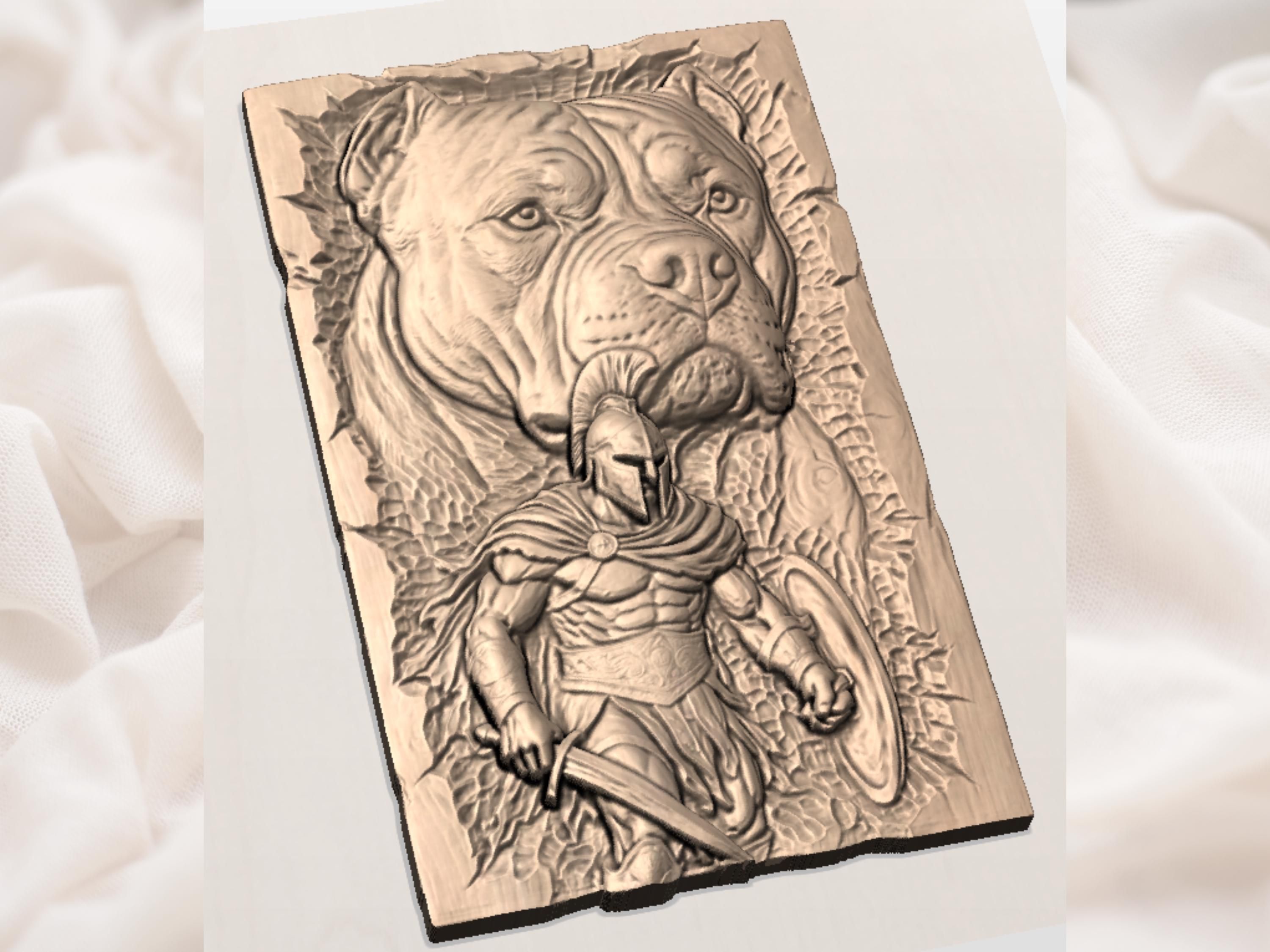 Spartan Warrior and Pitbull Guardian Bas-Relief STL Carving bas-relief STL — view 2