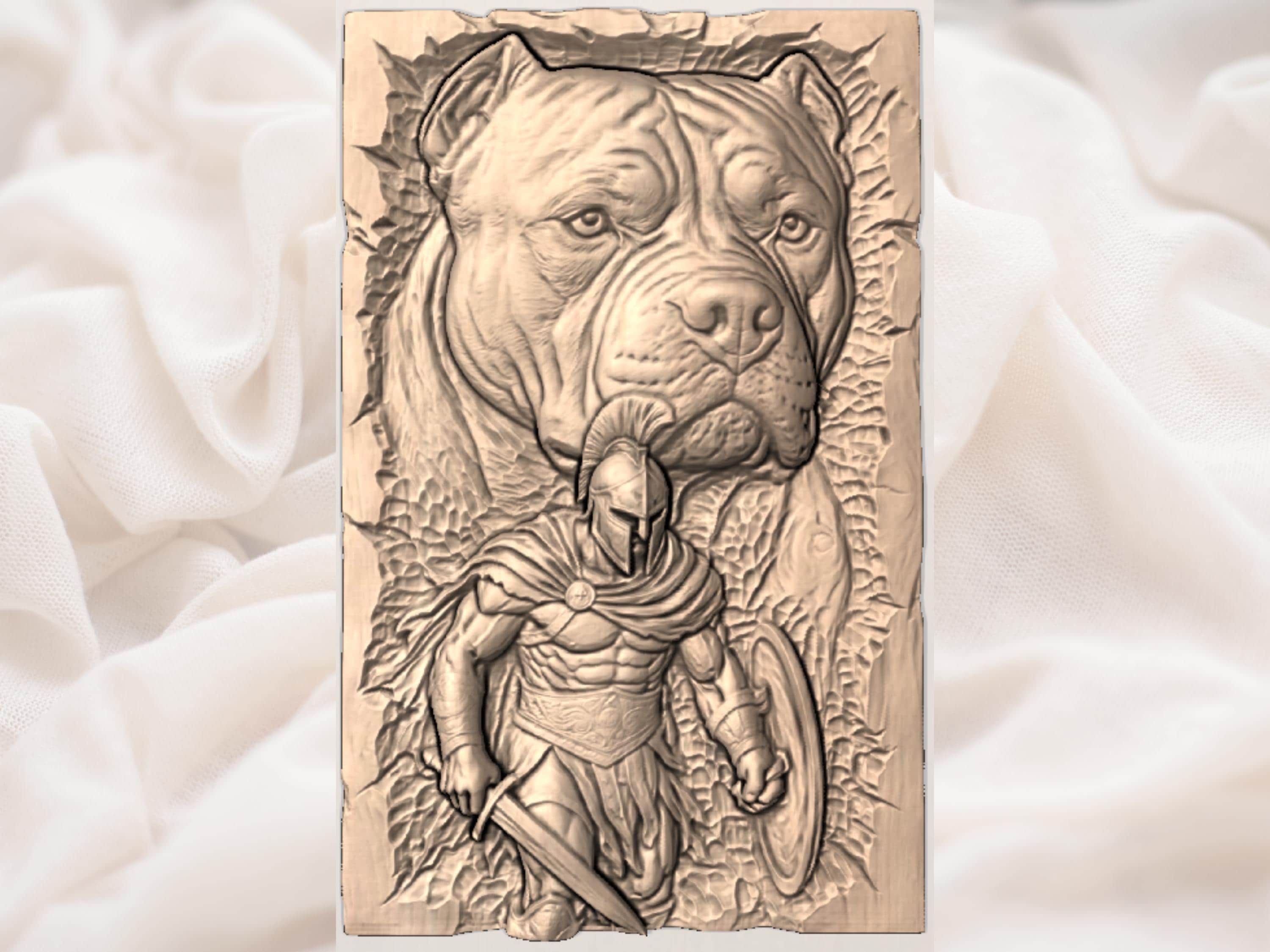 Spartan Warrior and Pitbull Guardian Bas-Relief STL Carving bas-relief STL — view 3