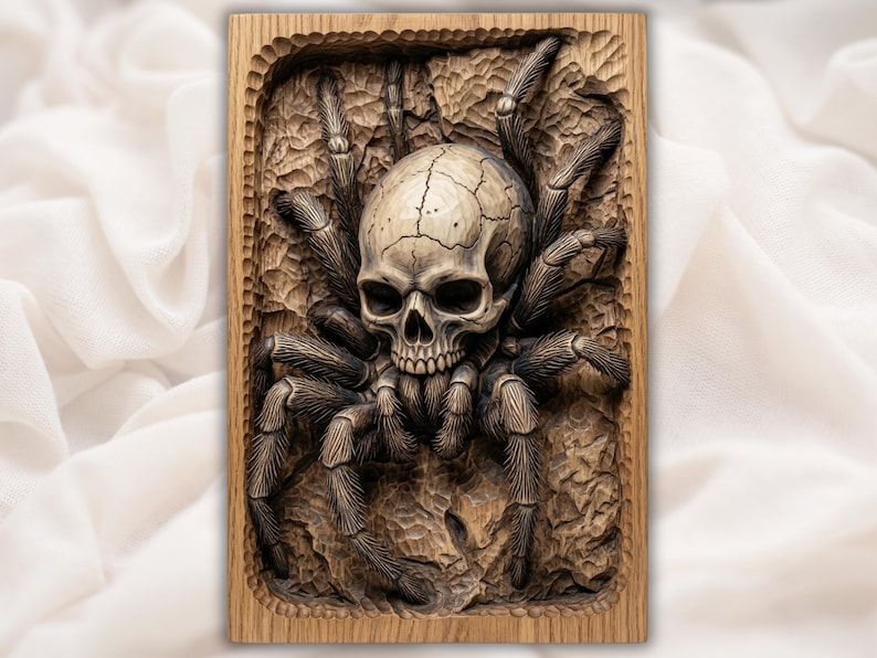 Bas-relief wood carving of a human skull as a spider's body with hairy tarantula legs on cracked ground