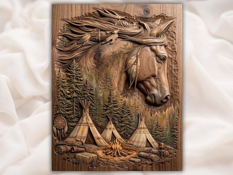Bas-relief wood carving of a horse with feathers in its mane above three teepees, a campfire, and pine forest