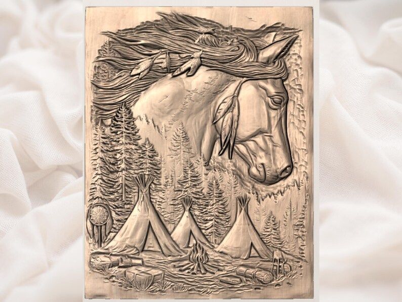 Spirit Horse and Teepee Camp Bas-Relief STL for CNC bas-relief STL — view 3