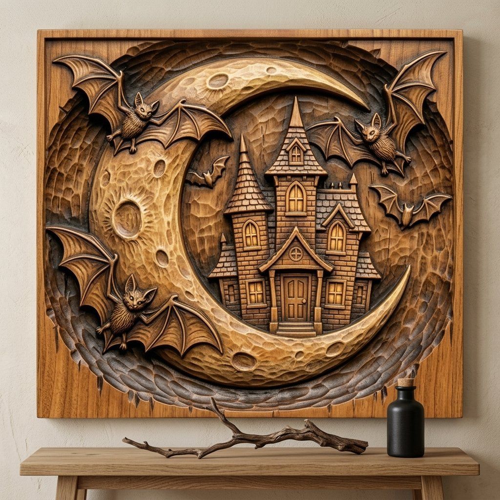 Spooky Haunted House Moon Bats CNC Relief STL bas-relief STL — view 14