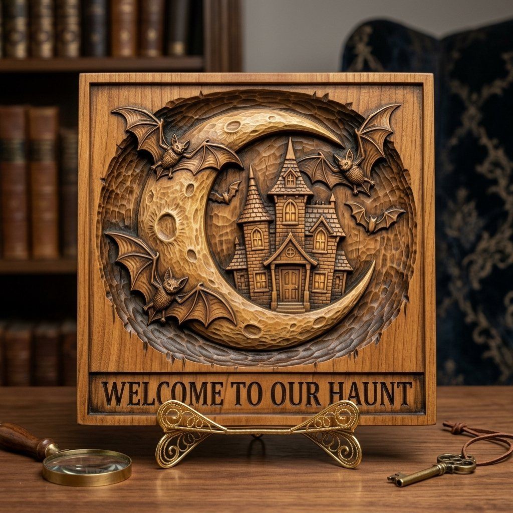 Spooky Haunted House Moon Bats CNC Relief STL bas-relief STL — view 3