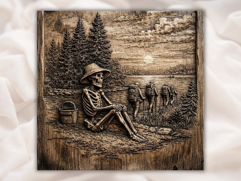 Carved wood relief of a skeleton in a hat sitting by a lake at sunset with pine trees and hikers