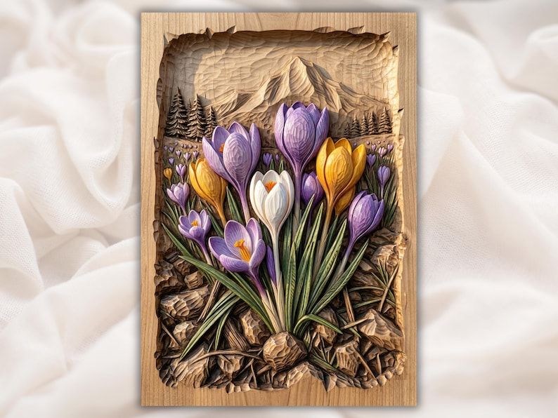 Carved bas-relief of purple, yellow, and white crocus flowers in front of a snowy mountain and pine trees