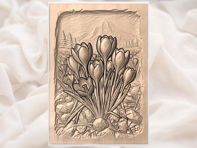 Alpine Crocus Cluster Bas-Relief with Mountain Backdrop STL bas-relief STL — view 2