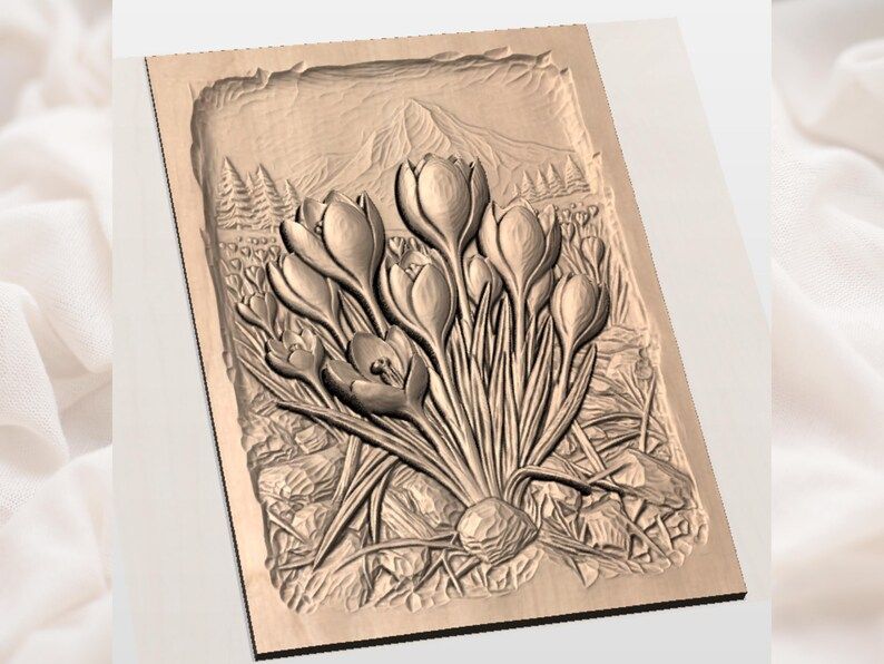 Alpine Crocus Cluster Bas-Relief with Mountain Backdrop STL bas-relief STL — view 3