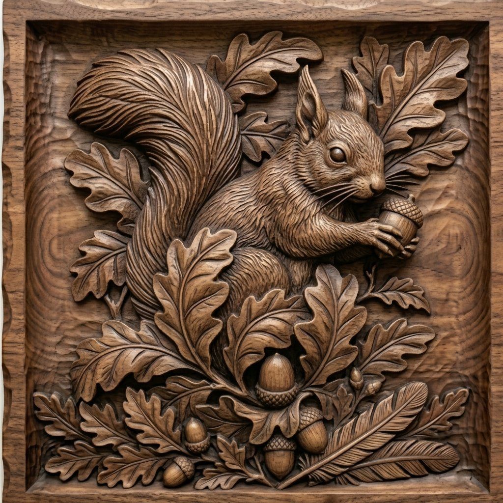 Squirrel and Oak Acorn CNC Relief STL | Wildlife Wall Art Decor | Woodland Nature Wood Carving Panel | Aspire VCarve Pro Carveco — carved bas relief STL file for CNC