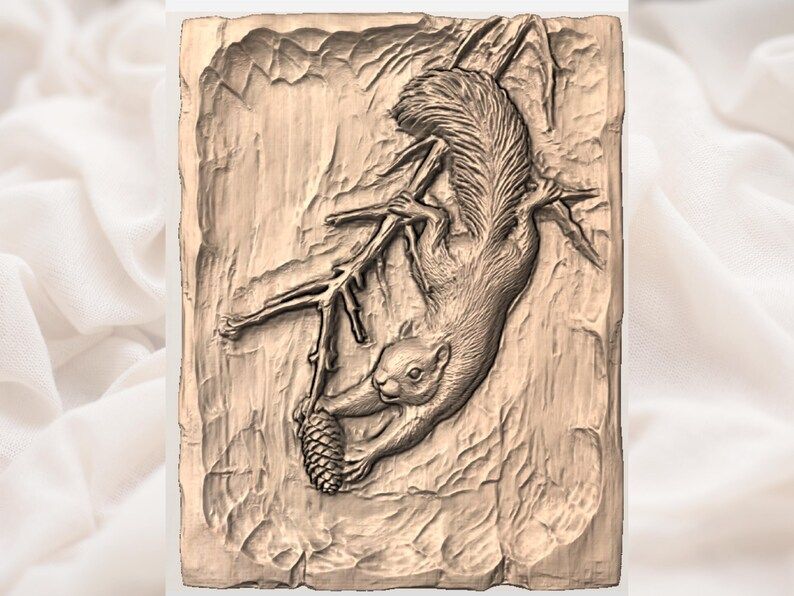 Squirrel Climbing Down a Branch with a Pinecone Relief STL bas-relief STL — view 2