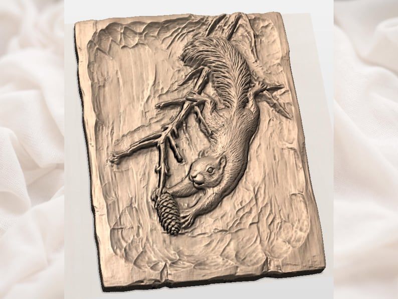Squirrel Climbing Down a Branch with a Pinecone Relief STL bas-relief STL — view 3