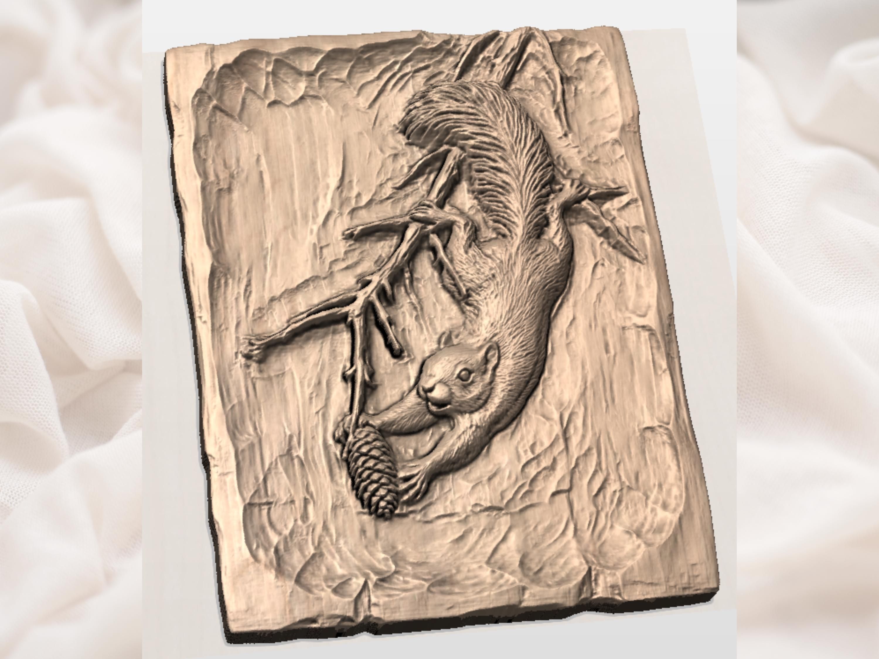 Squirrel on a Branch Bas-Relief STL with Pinecone and Bushy Tail bas-relief STL — view 3