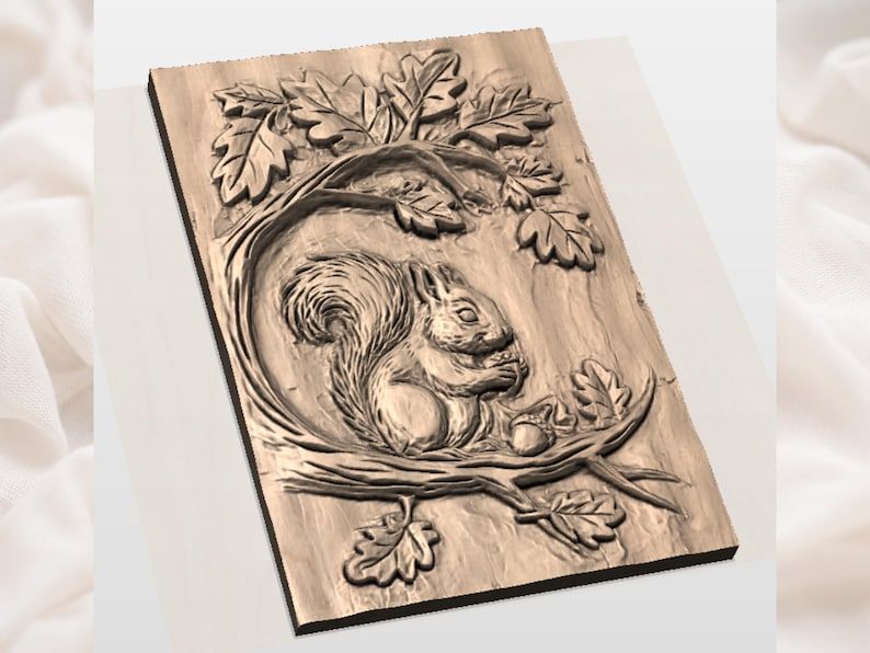 Red Squirrel with Acorn Among Oak Leaves Bas-Relief STL bas-relief STL — view 2