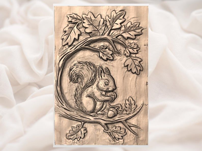Red Squirrel with Acorn Among Oak Leaves Bas-Relief STL bas-relief STL — view 3