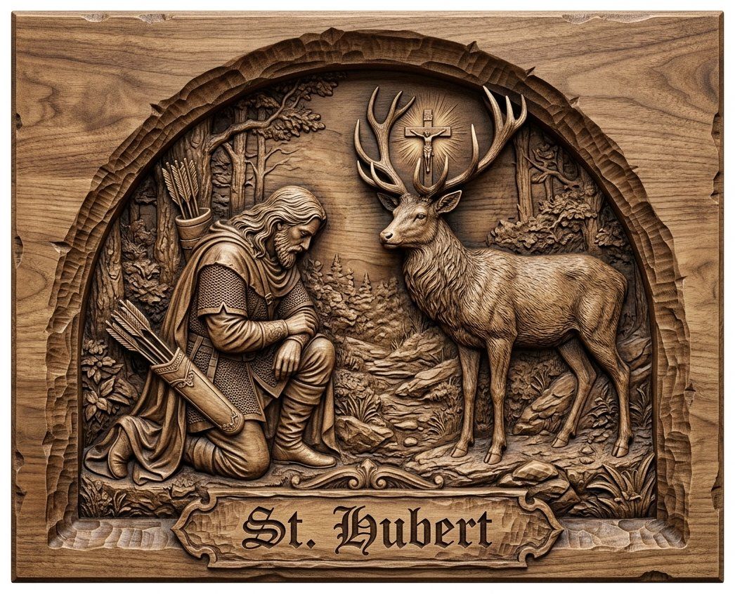 St Hubert Patron Saint Of Hunters CNC Relief STL | Religious Deer Hunting Wall Art | Christian Forest Scene Wood Carving Panel — carved bas relief STL file for CNC