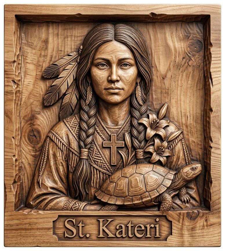 St Kateri Tekakwitha Lily of the Mohawks CNC Relief STL | Catholic Saint Wood Carving Design | Indigenous Religious Wall Art Panel — carved bas relief STL file for CNC
