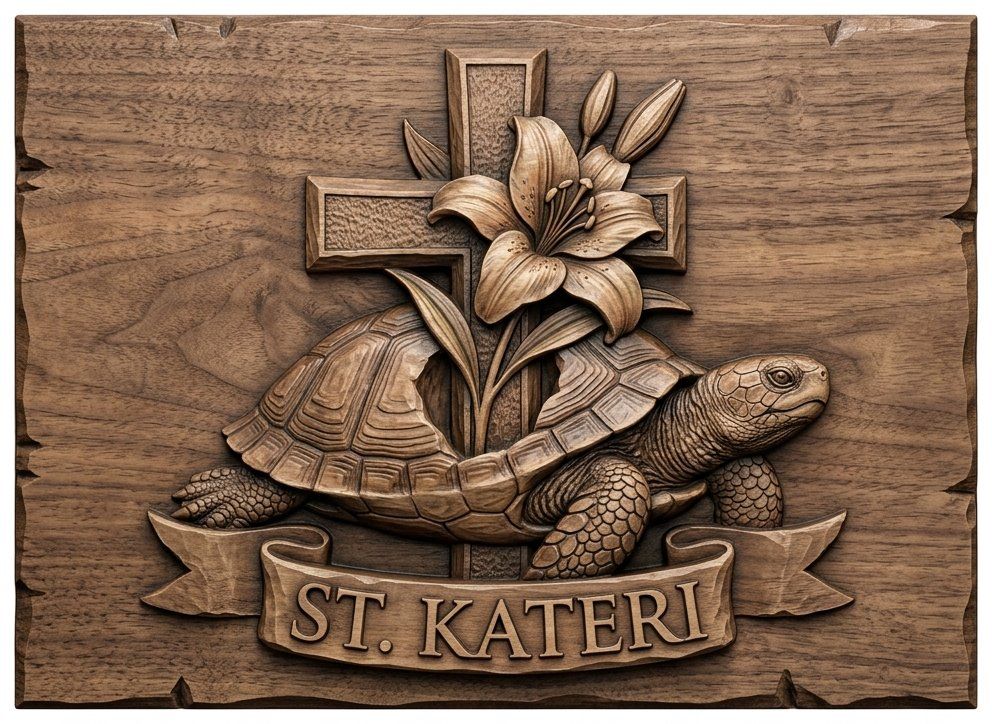 St. Kateri Tekakwitha Lily Turtle Clan CNC Relief STL | Catholic Wood Carving Design | Religious Wall Art Panel — carved bas relief STL file for CNC