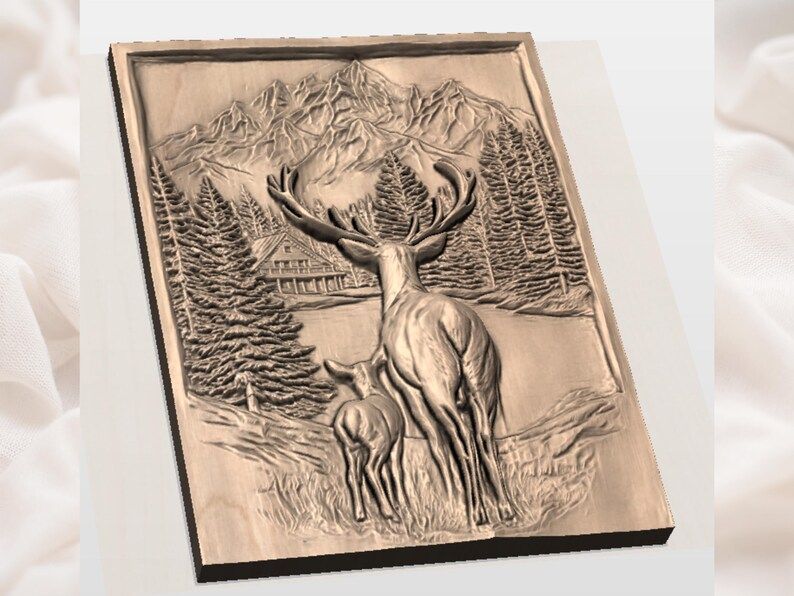 Stag and Fawn Mountain Cabin Bas-Relief STL Wood Carving bas-relief STL — view 2