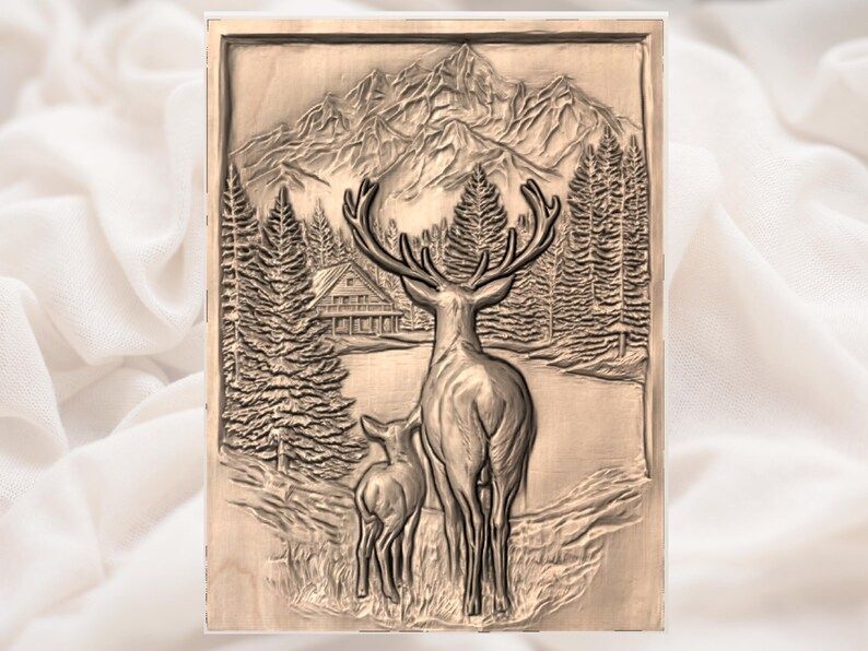 Stag and Fawn Mountain Cabin Bas-Relief STL Wood Carving bas-relief STL — view 3