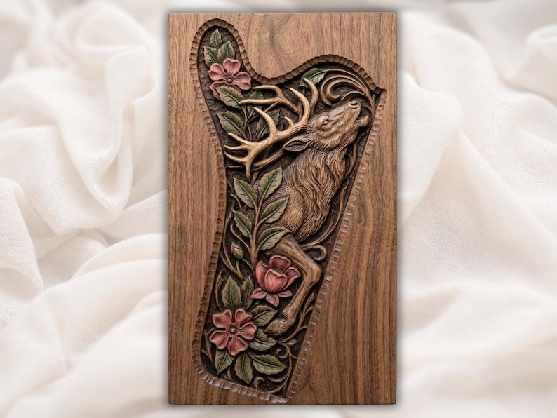 Carved wood relief of a bugling stag with raised antlers surrounded by wild roses and leaves in a shaped panel