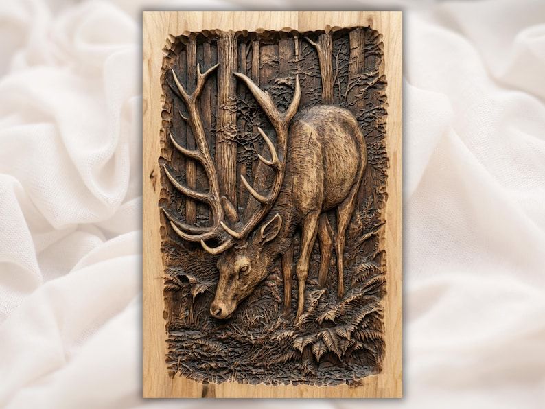 Bas-relief wood carving of a stag deer grazing among forest trees and ferns with large antlers