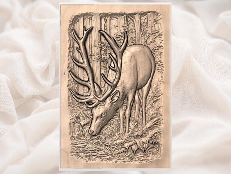 Grazing Stag in the Forest 3D Relief STL for CNC Carving bas-relief STL — view 2