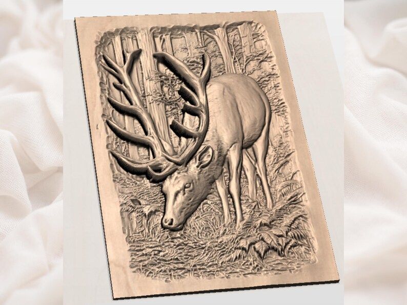 Grazing Stag in the Forest 3D Relief STL for CNC Carving bas-relief STL — view 3