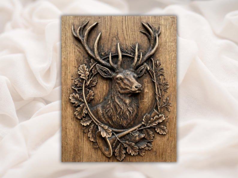 Bas-relief carving of a stag deer head with large antlers framed by an oak leaf wreath on wood.