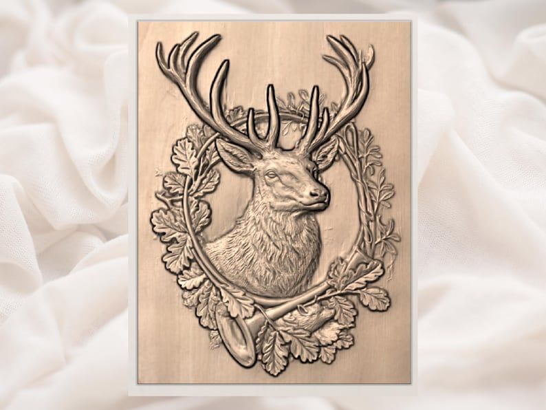 Royal Stag and Oak Leaf Wreath Bas-Relief STL Carving bas-relief STL — view 2