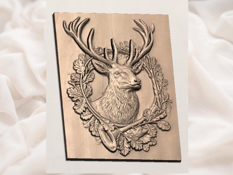 Royal Stag and Oak Leaf Wreath Bas-Relief STL Carving bas-relief STL — view 3