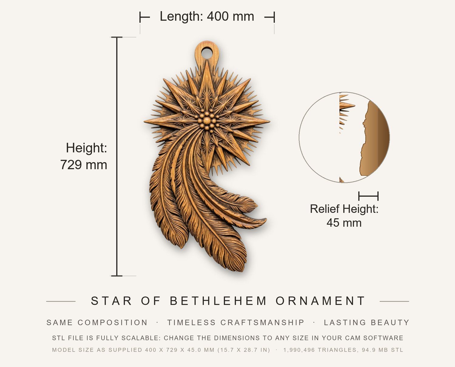 Star of Bethlehem Ornament CNC Relief STL bas-relief STL — view 3