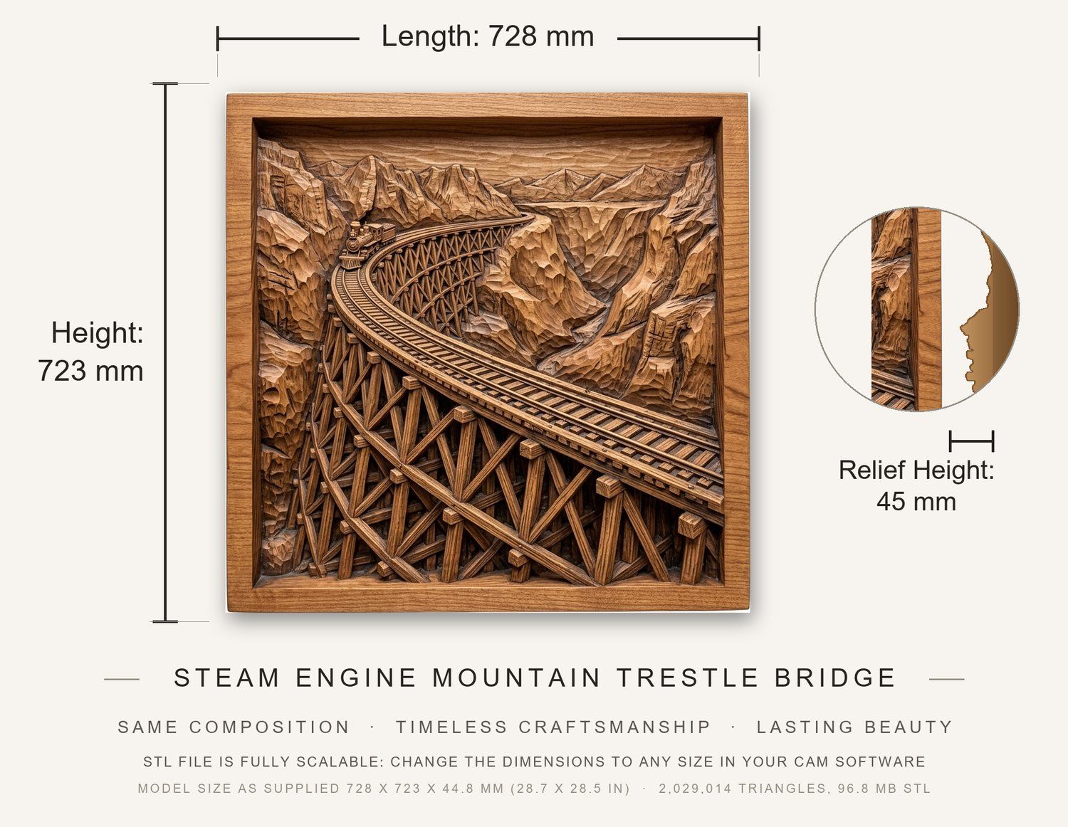 Steam Engine Mountain Trestle Bridge CNC Relief STL bas-relief STL — view 3