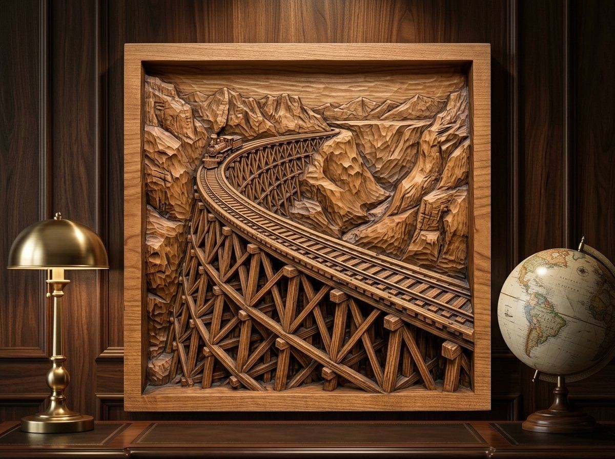Steam Engine Mountain Trestle Bridge CNC Relief STL bas-relief STL — view 14