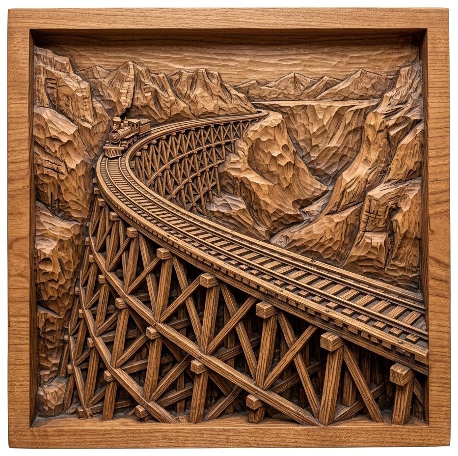 Steam Engine Mountain Trestle Bridge CNC Relief STL bas-relief STL — view 4